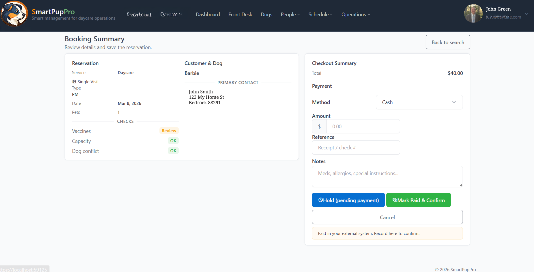 SmartPupPro daycare reservation screenshot
